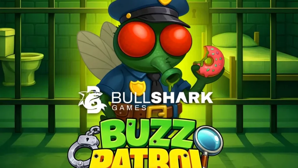 Tampilan visual slot Buzz Patrol dengan karakter lalat polisi kartun