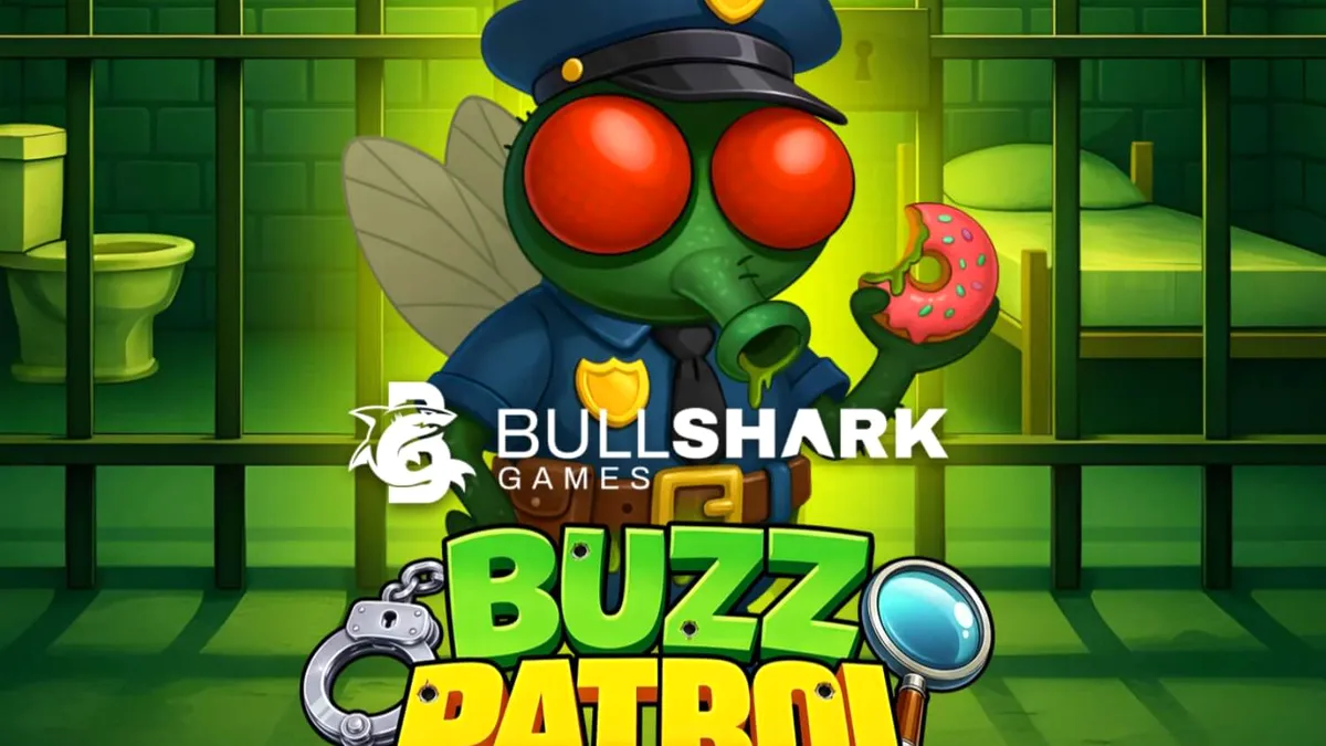 Tampilan visual slot Buzz Patrol dengan karakter lalat polisi kartun