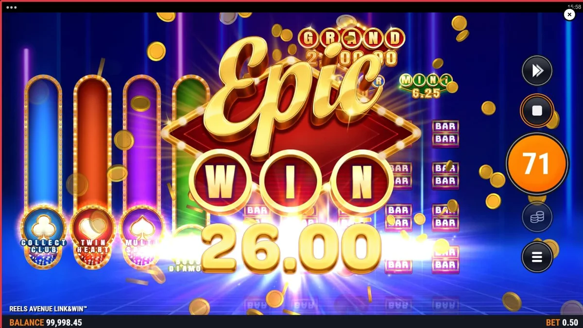 Tampilan visual futuristik dari slot Reels Avenue Link&Win dengan elemen neon