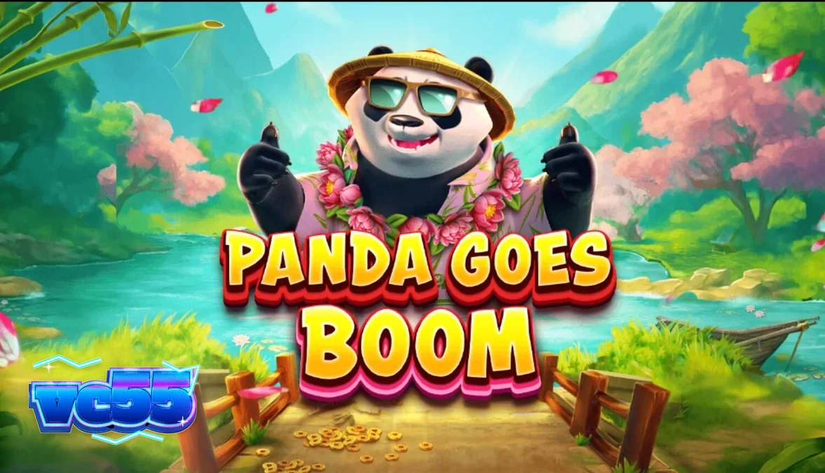Panda Goes Boom slot game screen featuring a relaxed panda and vibrant tropical bamboo theme